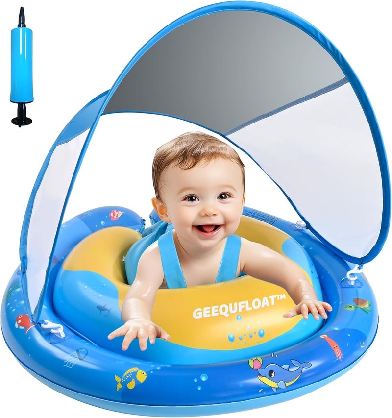 GEEQUFLOAT Extra Wide Toddler Pool Float,Anti-Rollover Design Infant Swim Float,Baby Floaties 6-12 Months,Baby Float with Canopy Removable UPF50+ Sun Protection,Adjustable Safety Seat,Toddler Floaties (Blue) - Image 1